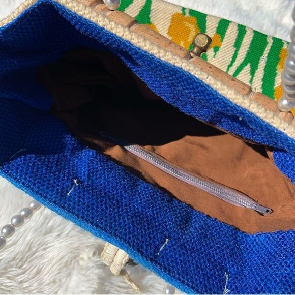 Stunning Vintage Blue & Yellow Pearled Tulip Handbag - Picture 9 of 12